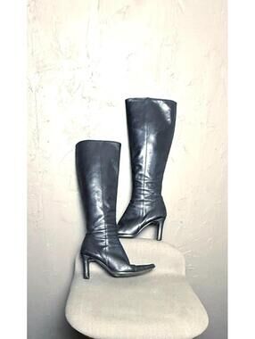 1990's Black Knee-High Square Toe Leather Boots Women's size 37.5 Charles David